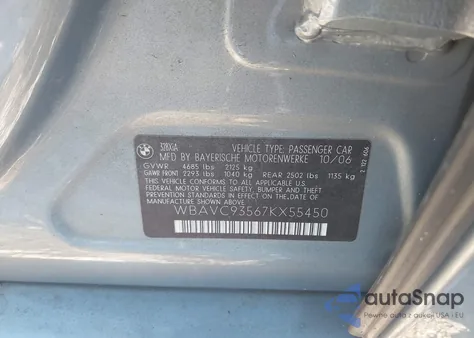 2007 BMW 328Xi from USA, damaged, VIN WBAVC93567KX55450